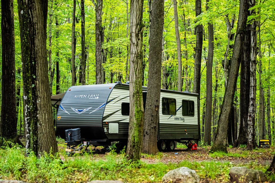 rv in the woods with warm RV heating for cold nights