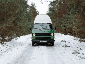 RV van driving with snow tires