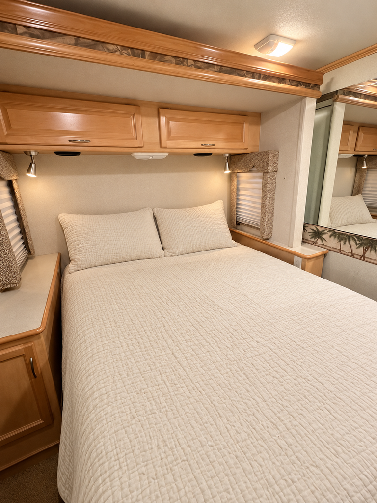 Brightened RV bedroom with cream bedding.png - 2004 Fleet Wood Class A Motorhome rental photo 2