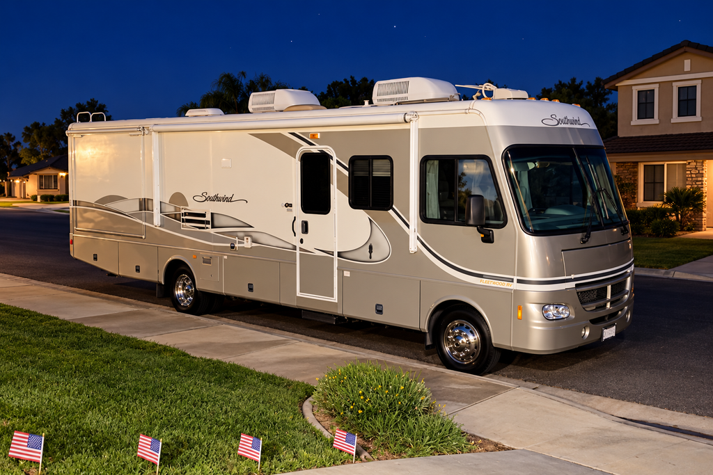 Fleetwood Southwind RV at twilight.png - 2004 Fleet Wood Class A Motorhome rental photo 6
